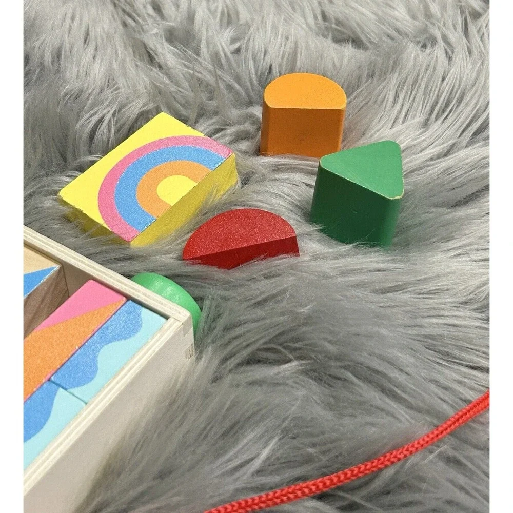 Learn & Play Wooden Building Blocks Colorful Pull‎ Toy on Wheels